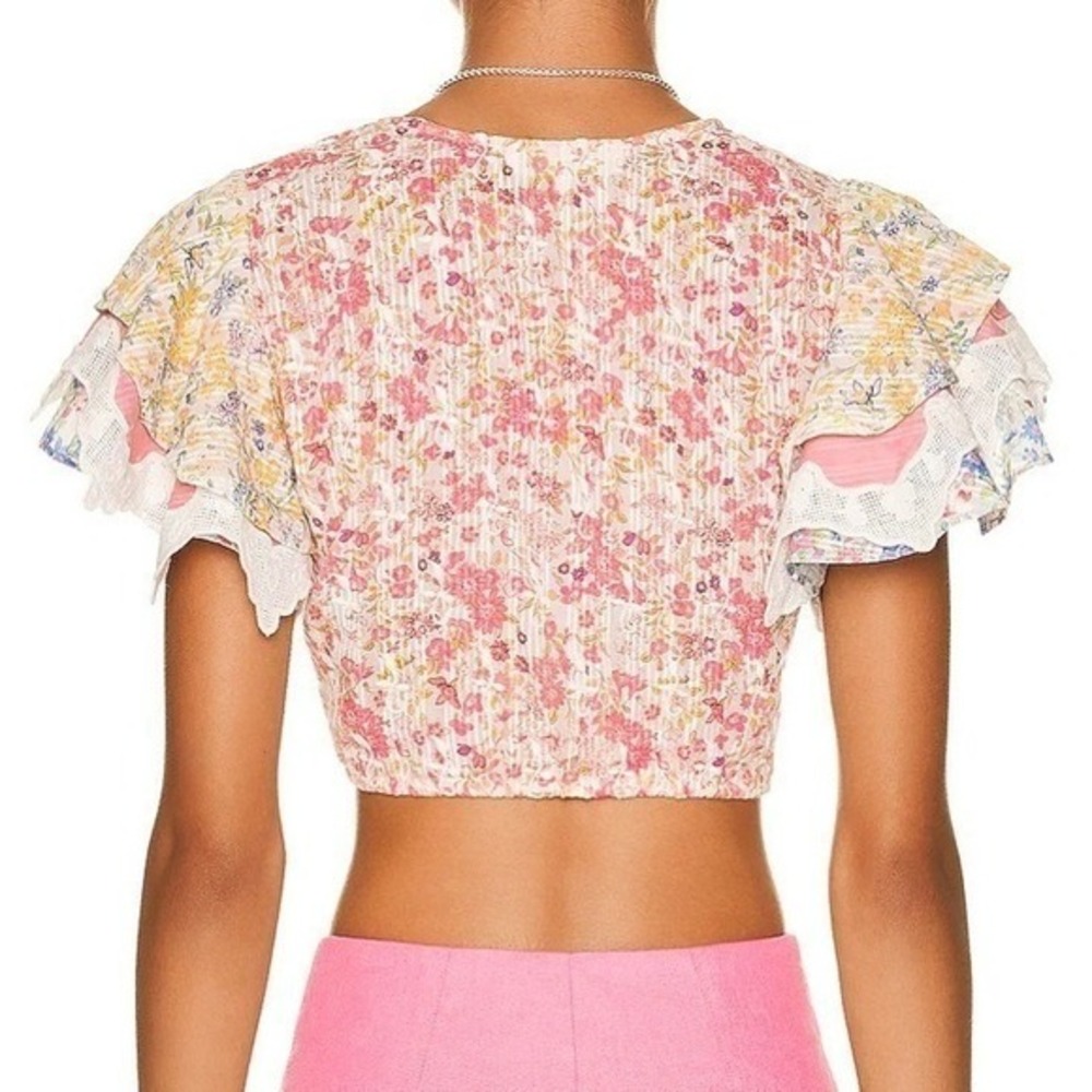 LoveShackFancy Kielle Crop Top Size Medium Pink Floral Twist Front Ruffle Sleeve - Picture 3 of 11